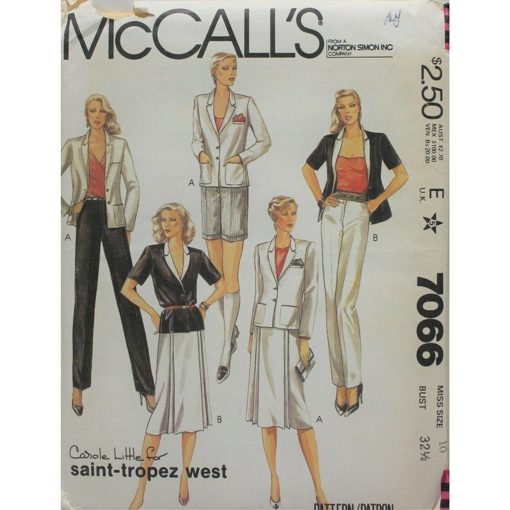 McCalls Sewing Pattern 7066 Misses Pants Skirt Jacket Size 10 Bust 32‎ 1/2